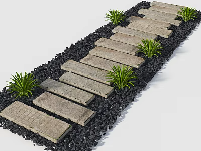 Garden Path Paving With Natural Stone Slabs And Black Gravel Surrounding Green Plants 3d model