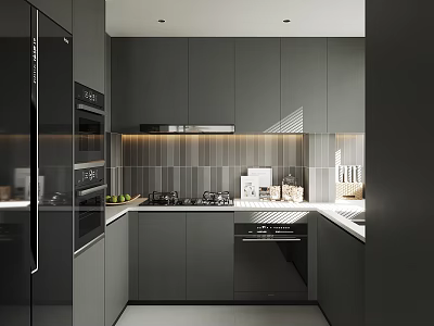 Modern Gray Kitchen Interior With Cabinets Countertop Tile Backsplash And Appliances 3d model