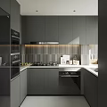 Modern Gray Kitchen Interior With Cabinets Countertop Tile Backsplash And Appliances