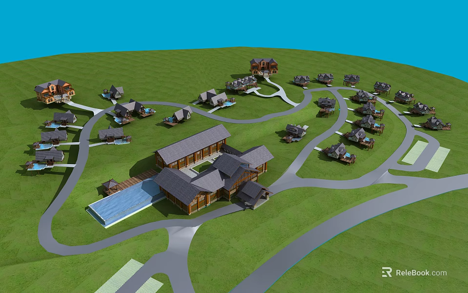 Aerial View Of Luxury Residential Resort With Green Grassy Area Winding Roads And Water Pool 3d model 