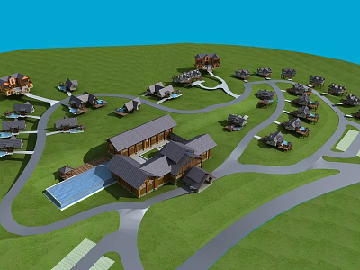 Aerial View Of Luxury Residential Resort With Green Grassy Area Winding Roads And Water Pool 3d model