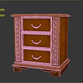 Wooden Bedside Table with Three Drawers Metal Handles and Side Carvings on Short Legs