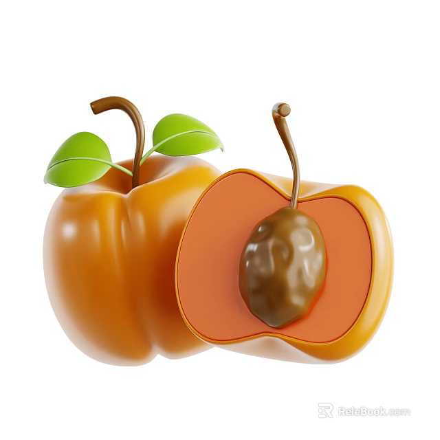 Fresh Persimmon Fruit Whole With Green Leaves And Sliced Revealing Seed Inside 3d model 