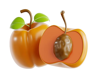 Fresh Persimmon Fruit Whole With Green Leaves And Sliced Revealing Seed Inside 3d model