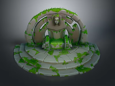 Ancient Stone Structure With Circular Archway Statue Steps And Green Moss 3d model