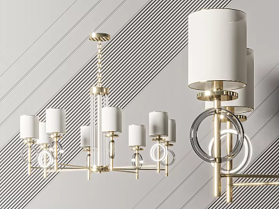 Elegant Modern Chandeliers with Gold Frame White Shades and Circular Rings 3d model