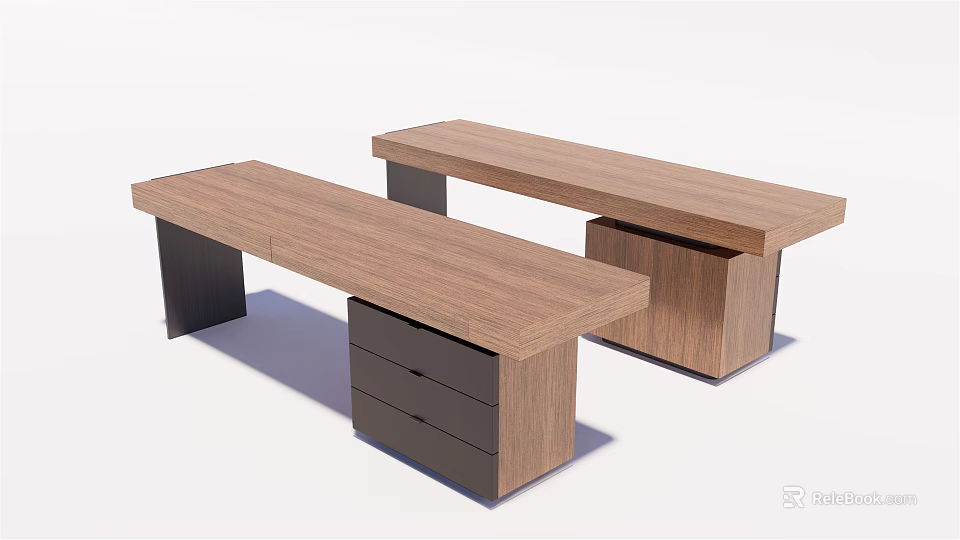 Two Piece Modern Office Desks With Wooden Tabletop Black Metal Legs And Drawer Storage 3d model 