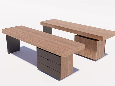 Two Piece Modern Office Desks With Wooden Tabletop Black Metal Legs And Drawer Storage 3d model