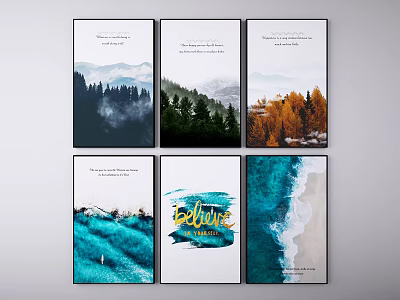 Nature Inspired Wall Art Prints Featuring Forest Mountain Autumn Trees Blue Waves And Beach 3d model
