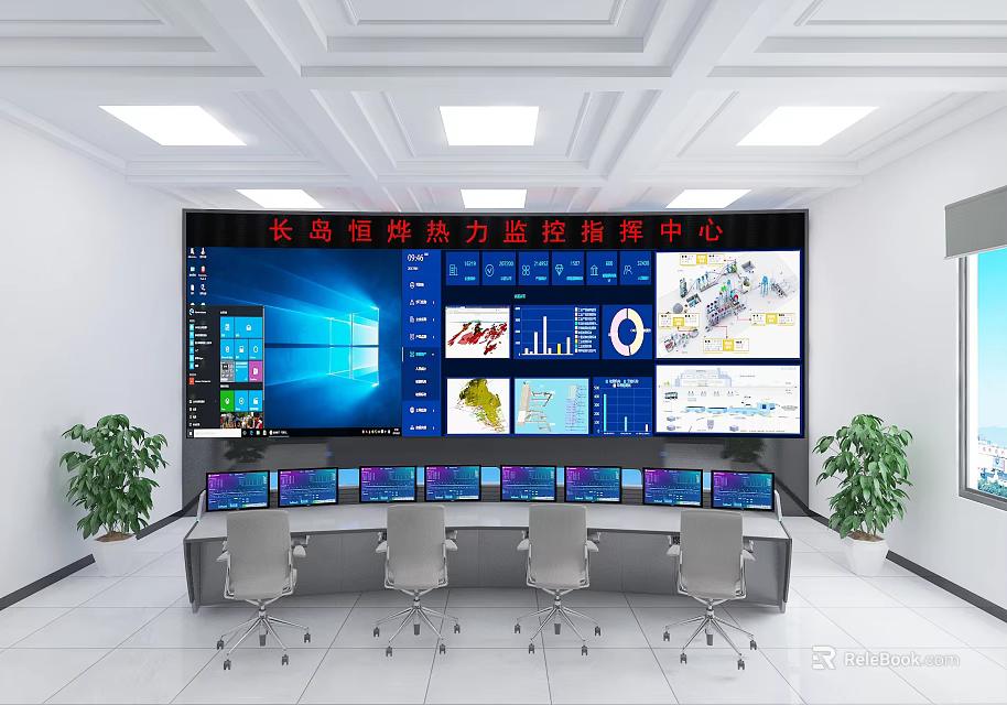 Modern Monitoring Room Interior Design With Large Display Screen And Control Consoles 3d model 