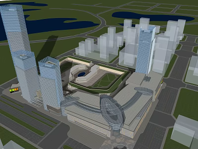 Modern Commercial Complex With Tall Buildings Central Green Plaza And Surrounding Roads 3d model