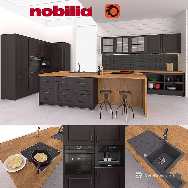 Modern Dark Kitchen Cabinets With Island Counter Drawers And Wooden Stools 3d model 