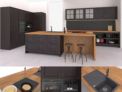 Modern Dark Kitchen Cabinets With Island Counter Drawers And Wooden Stools 3d model