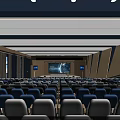 Modern Large Conference Room With Neatly Arranged Blue Gray Seats And Front Large Screen
