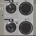 Four Stackable White Washing Machines With Black Doors In Modern Laundry Space