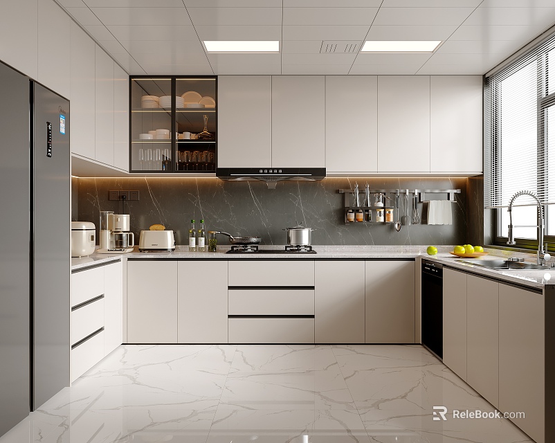 Modern Kitchen Interior With White Cabinets Marble Countertops Stainless Steel Appliances And Natural Light 3d model 