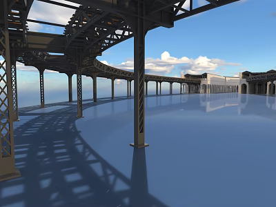 Open Space Steel Structure Building With Blue Floor White Architecture And Cloudy Sky 3d model