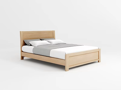Minimalist Modern Wooden Double Bed With Headboard And White Bedding Set 3d model