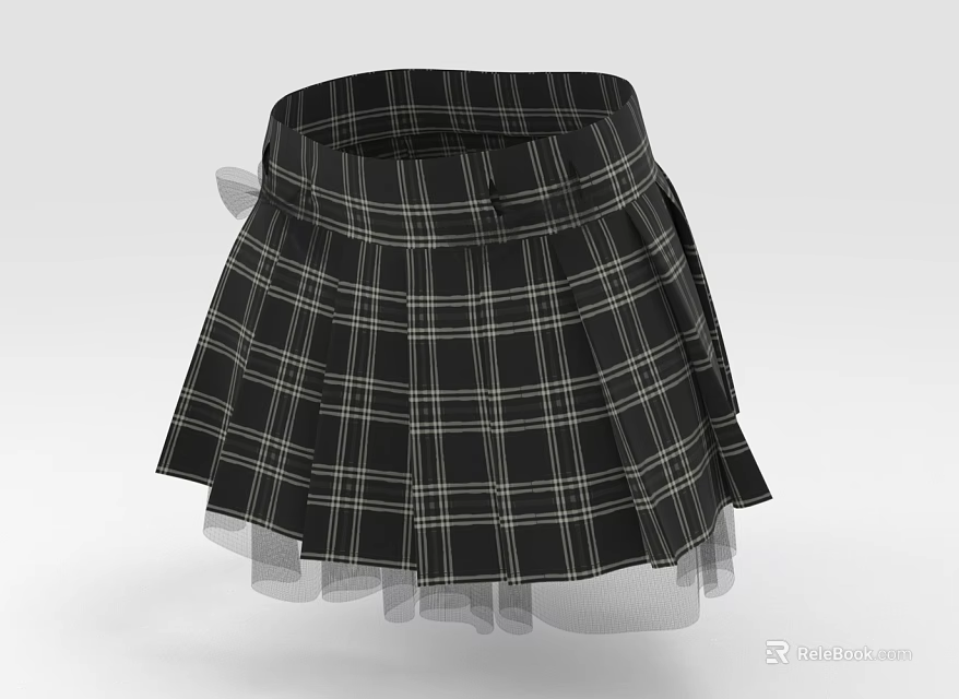 Stylish Black And White Plaid Pleated Skirt With Tulle Layer Design 3d model 