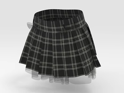 Stylish Black And White Plaid Pleated Skirt With Tulle Layer Design 3d model