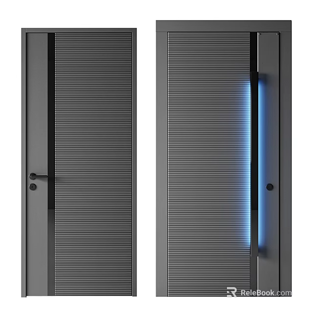 Modern Security Double Doors With Vertical Stripe Design And Blue Light 3d model 