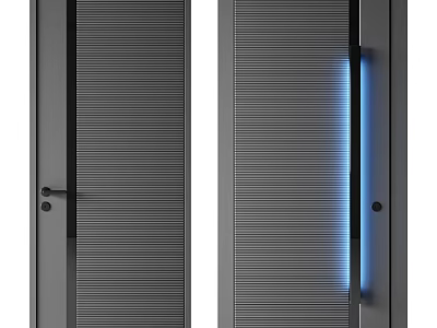 Modern Security Double Doors With Vertical Stripe Design And Blue Light 3d model