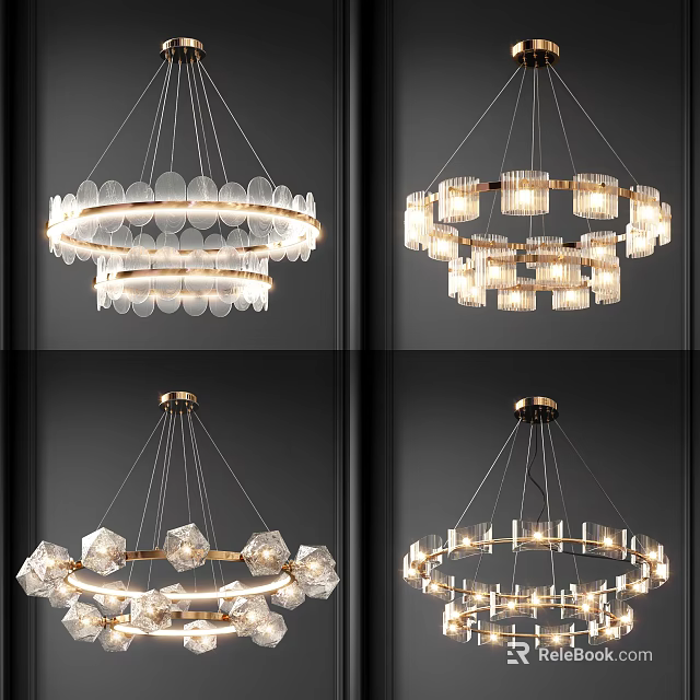 Modern Circular Chandelier Designs With Crystal Glass Elements And Metal Frames 3d model 