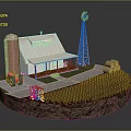 Cartoon Farm Scene With Barn Silo Windmill Hay Bales Tractor And Wheat Field