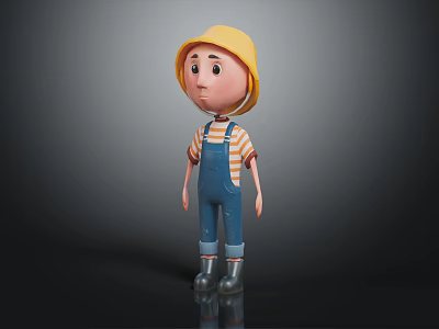 3D Animated Boy Character Wearing Yellow Hard Hat Striped Shirt Blue Overalls And Black Boots 3d model