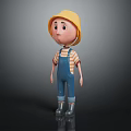 3D Animated Boy Character Wearing Yellow Hard Hat Striped Shirt Blue Overalls And Black Boots