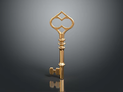 Golden Ornate Key With Intricate Handle Design On Dark Reflective Surface 3d model