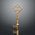Golden Ornate Key With Intricate Handle Design On Dark Reflective Surface