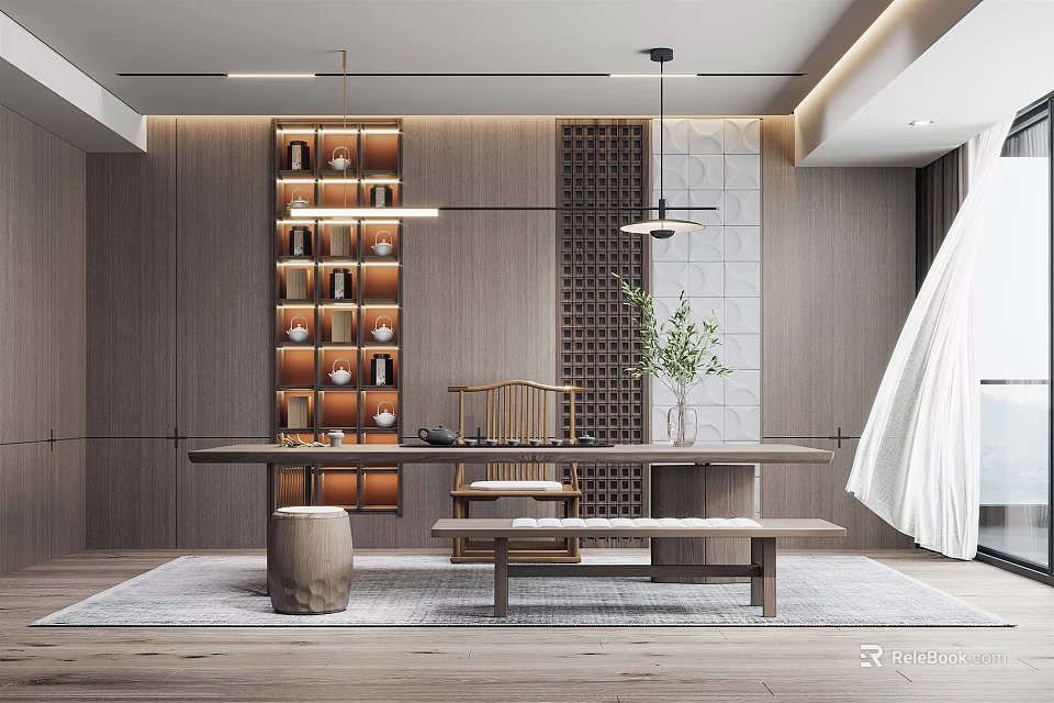 Traditional Chinese Tea Room Interior With Wooden Shelves Tea Sets And Wooden Table 3d model 