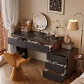 Stylish Wooden Dressing Table With Round Mirror Open Drawers Cosmetics Chair And Table Lamp