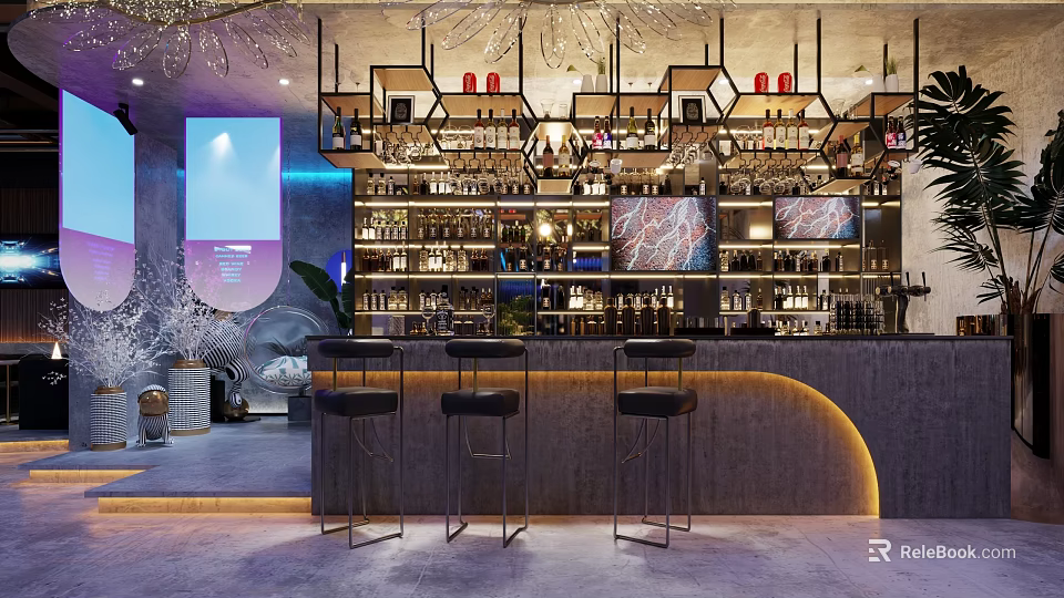 Stylish Modern Bar Interior With Counter Black Stools Shelves Bottles Lighting And Screens 3d model 