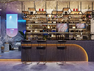 Stylish Modern Bar Interior With Counter Black Stools Shelves Bottles Lighting And Screens 3d model