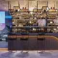Stylish Modern Bar Interior With Counter Black Stools Shelves Bottles Lighting And Screens