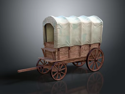 Classic Wooden Wagon With Canvas Cover And Spoked Wooden Wheels 3d model