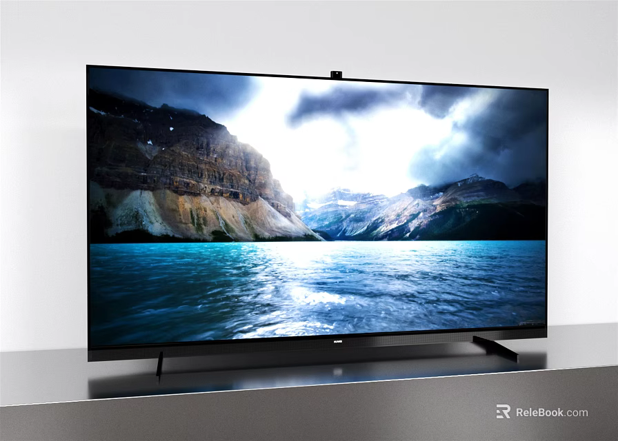 Modern Television With Clear Natural Mountain Blue Water Scenery On Gray Table 3d model 