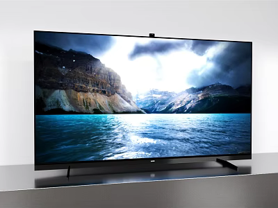 Modern Television With Clear Natural Mountain Blue Water Scenery On Gray Table 3d model