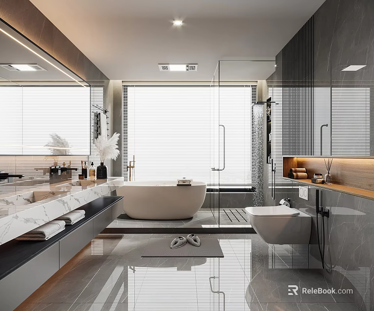 Modern Bathroom Interior With Marble Countertop Large Mirror Double Vanity And Freestanding Bathtub 3d model 