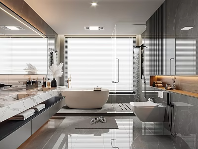 Modern Bathroom Interior With Marble Countertop Large Mirror Double Vanity And Freestanding Bathtub 3d model