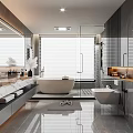 Modern Bathroom Interior With Marble Countertop Large Mirror Double Vanity And Freestanding Bathtub