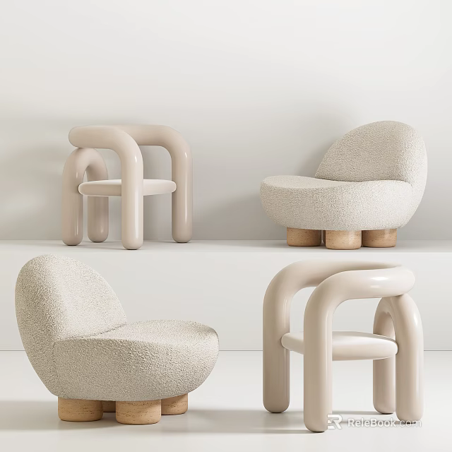 Stylish Modern Accent Chairs With Soft Beige Upholstery Curved Arms And Wooden Legs 3d model 