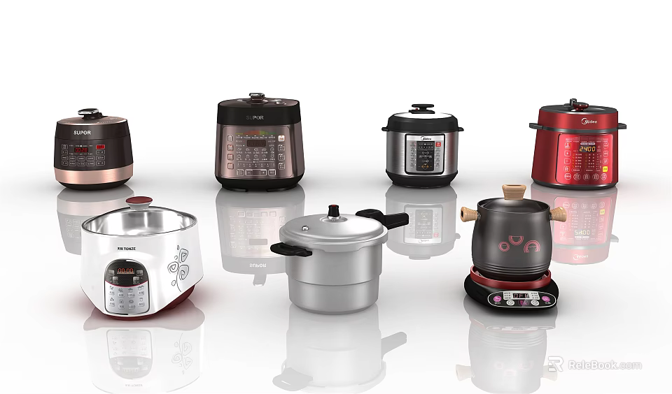 Various Stylish Kitchen Appliances in Different Colors Including Rice Cookers And Pressure Cookers 3d model 