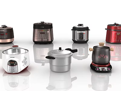 Various Stylish Kitchen Appliances in Different Colors Including Rice Cookers And Pressure Cookers 3d model