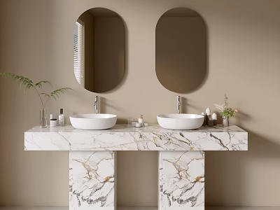 Bathroom Vanity With Double Oval Mirrors Marble Countertop White Sinks Plants Toiletries On Beige Wall 3d model