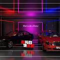 Black and Red Mercedes Benz Cars on Display with Neon Lights Background