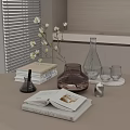 Elegant Decorative Ornament Set With White Flowers Vase Glass Carafe Cups And Books