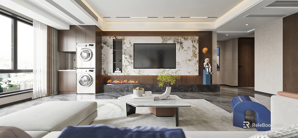 Modern Living and Dining Room Interior with Marble Accent Wall TV Fireplace Sofa and Coffee Table 3d model 